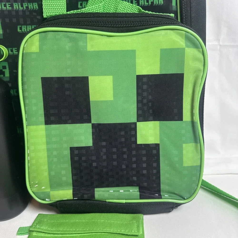 Children Minecraft Creeper Backpack Lunch Box Water Bottle Extra‎ Pouch Boy Girl
